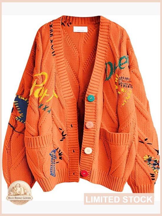 Sweaters - Chunky Knit Cardigan V-Neck Open Front Embroidery Loose Fit Y2K Chic
